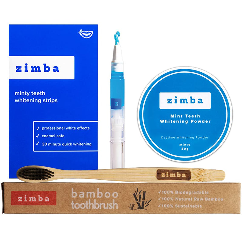 Zimba All-in-One Teeth Whitening Kit - 14 Delicious Mint Treatments (28 Strips), 1 Minty Teeth Whitening Powder, 1 Cool Blue Desensitizing Pen & 1 Bamboo Toothbrush | Non-GMO, Gluten-Free, Soy-Free Zimba