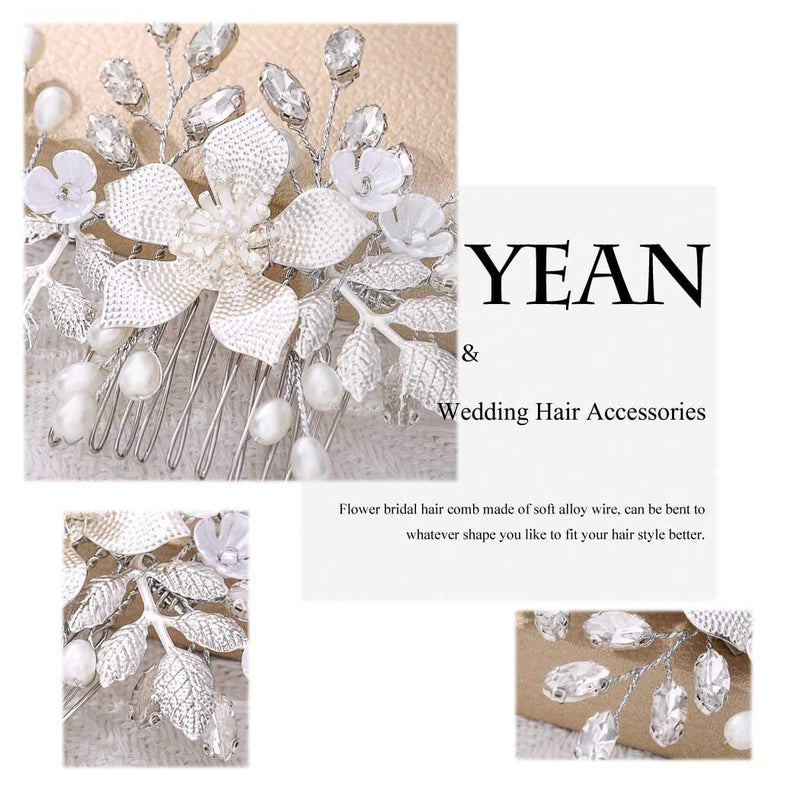 Yean Flower Bride Wedding Hair Comb Silver Leaf Bridal Hair Piece Crystal Hair Accessories for Women and Girls Yean