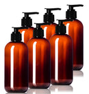 8oz Plastic Amber Bottles (6 Pack) BPA-Free Squeeze Containers with Pump Cap, Labels Included Aromine