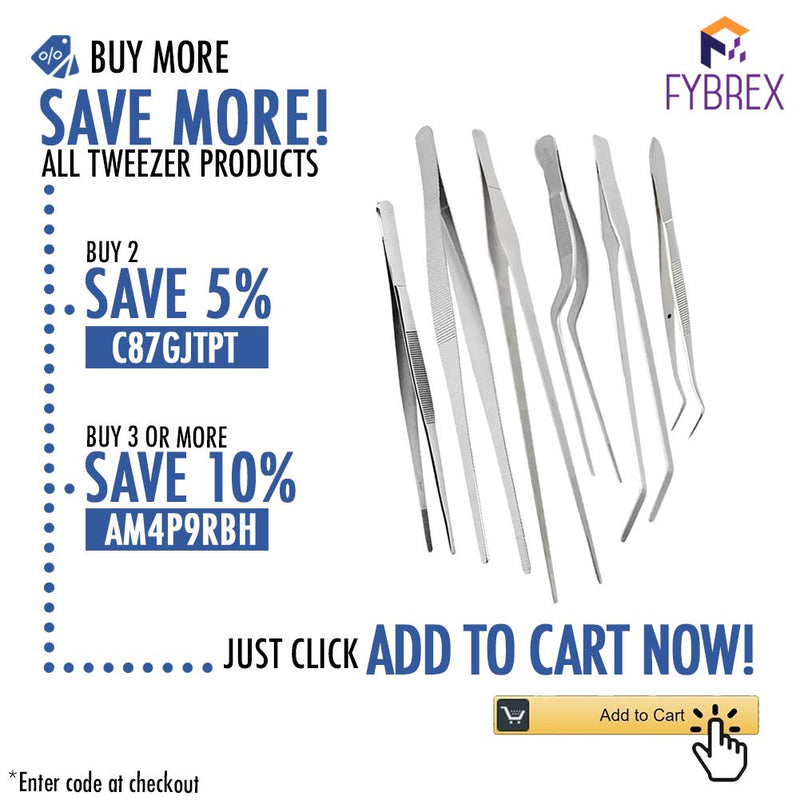 FYBREX 8 inches Stainless Steel Tweezers Curved Tips, All-purpose Forceps Professional Tweezers Tongs with Comfortable Ridged Handle for Beauty Crafting Cooking Repairing and General Purpose Comfecto