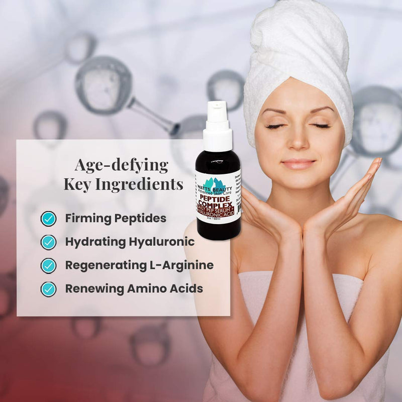 Watts Beauty Peptide Anti-Aging Face Serum - Hyaluronic Acid and Collagen Boosting Daily Face Care Polypeptide Complex with L-Arginine Firms Wrinkles and Boosts Collagen in 2 oz Pump Bottle Watts Beauty