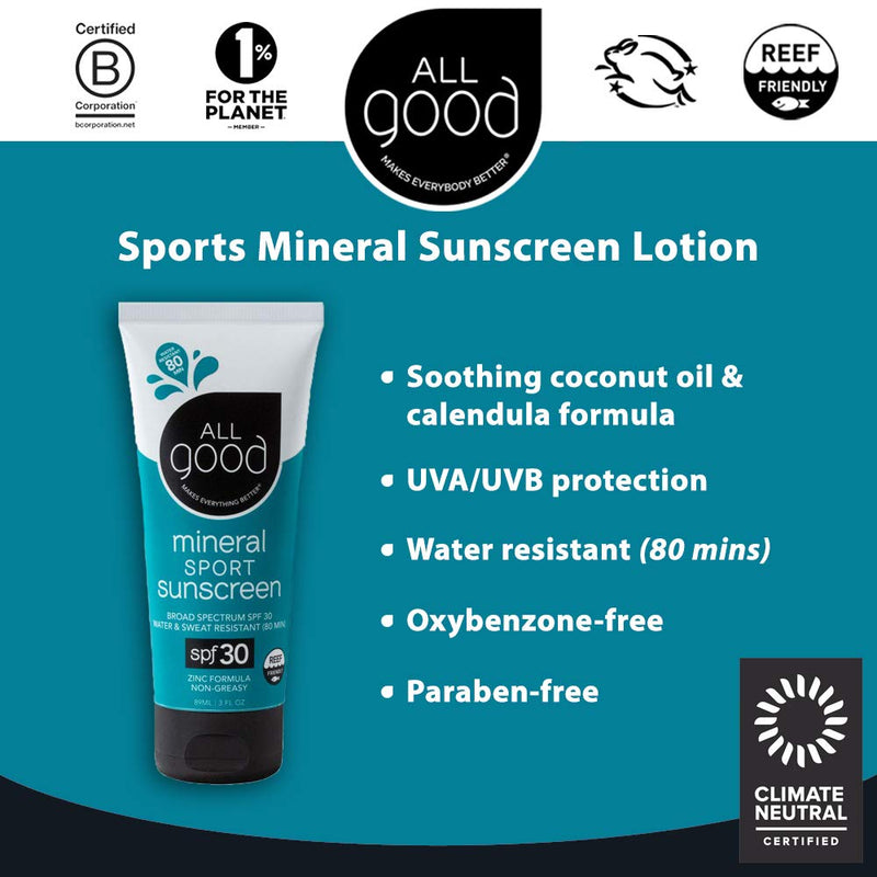 All Good Travel-Sized Sport Mineral Sunscreen Lotion - Backpacking & Camping - SPF 30, Water Resistant, UVA/UVB Broad Spectrum (1 oz)(3-Pack) All Good Makes Everything Better Store