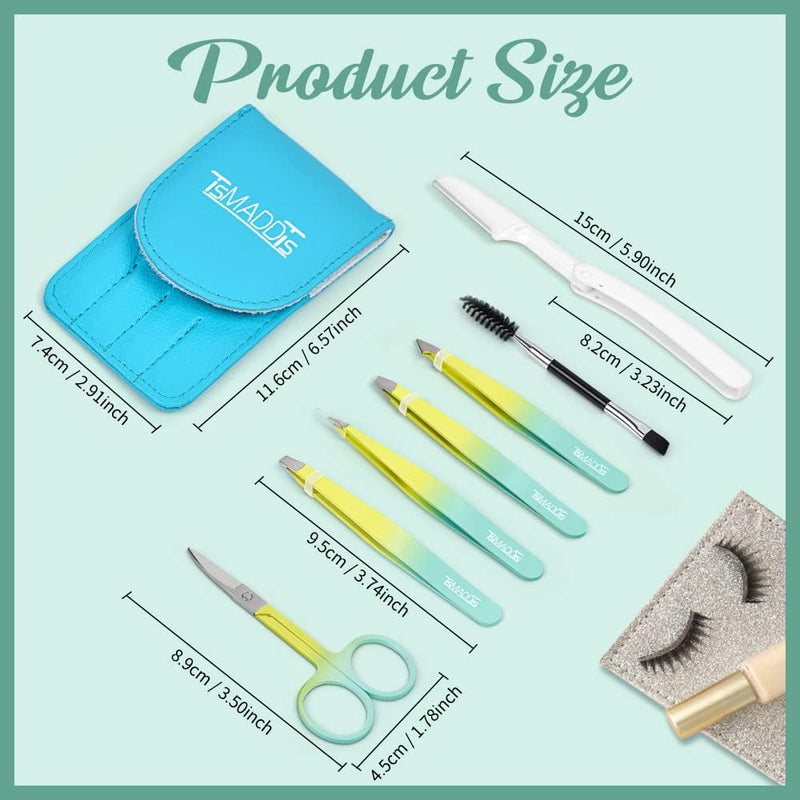 TsMADDTs 7PCS Tweezers Set for Women Facial Hair, Precision Tweezer for Eyebrows with Curved Scissor and Eyebrow Razor for Ingrown Hair, Yellow&Green