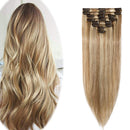 Hairro 100% Human Hair Clip in Extensions Thin 16 Inch Long Straight Highlight Golden Brown Mix Bleach Blonde Human Hair Clip on Hairpieces 65g Machine Weft 8pcs 18 Clips for Women 2 Tones