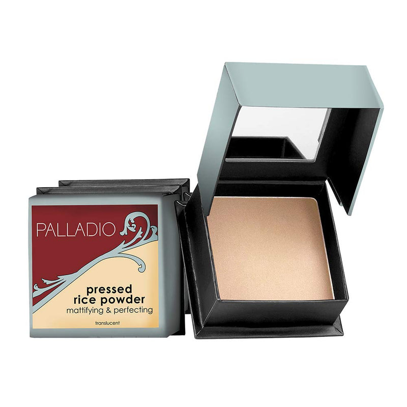 Palladio, Pressed Rice Powder with Mirror Mattifying Makeup Setting that Lasts All Day Instantly Absorbs Oil Works alone or with makeup, Translucent, 0.26 Ounce Palladio