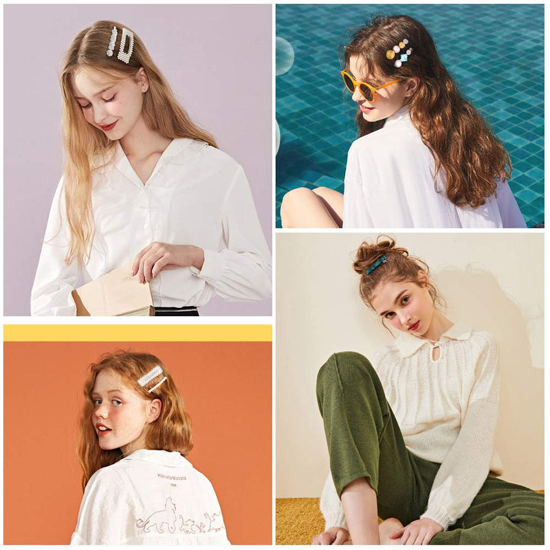 28 PCS Hingwah Pearls and Acrylic Resin Hair Clips, Handmade Hair Barrettes, Marble Alligator bobby pins, Glitter Crystal Geometric Hairpin, Elegant Gold Hair Accessories, Gifts for Women Girls Magicsky
