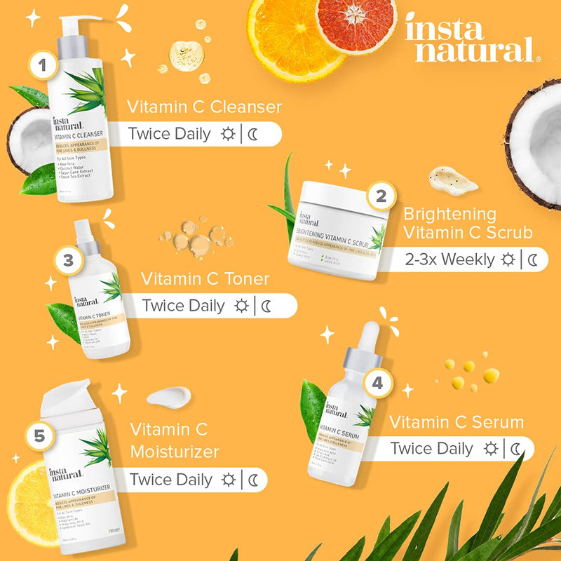 Vitamin C Skin Care Collection - Facial Cleanser, Face Toner with Witch Hazel, Vitamin C Serum plus Hyaluronic Acid & Facial Moisturizer with Jojoba Oil Anti aging, Clear Skin, Brightening Routine InstaNatural
