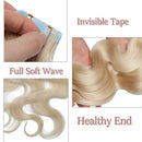 Wavy Tape in Hair Extensions Human Hair 100g 40pcs Body Wave 24 inch Whitish Blonde Long Soft Remy Hair Skin Weft Seamless Invisible Double Side Tape