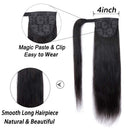 Seelaak Long Straight Remy Human Hair Ponytail Extension Wrap Around Ponytail Hair Piece with Clips Magic Paste Binding Pony Tail Hairpiece 1B