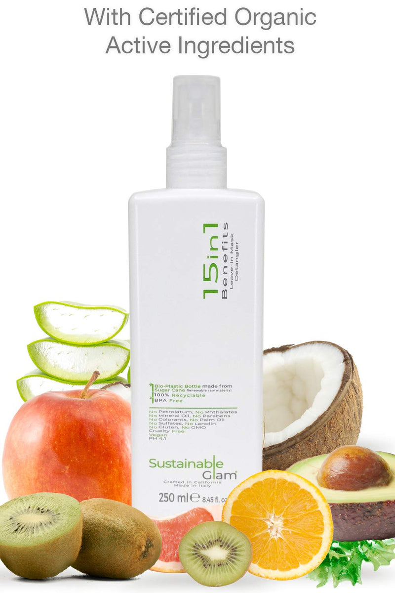 Leave-in Conditioner Spray Detangler Hair Mask with Organic Coconut Oil, Argan Oil & Avocado Oil | Sulfate Free, Vegan | Sustainable Glam 15in1 Benefits Hair Mask Sustainable Glam Store