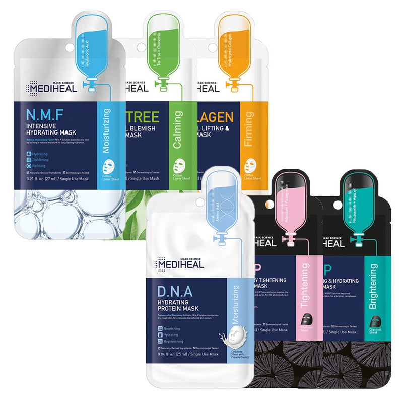 MEDIHEAL Sheet Mask Heroes, NMF, Tea Tree, Collagen, WHP, DNA, HDP, 6 Variety Pack |Korean Skincare Routine, Hydrating Facial Sheet Mask Combo , Daily K-Beauty Skin Therapy Mediheal