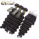 QTHAIR 12A Brazilian Loose Deep Wave Human Hair Bundles with Closure(12" 14" 16"+10",Natural Black) 130% Density Swiss Lace Brazilian Human Hair Lace Closure 100% Unprocessed Brazilian Virgin Hair QTHAIR Store