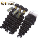 QTHAIR 12A Peruvian Loose Deep Wave Human Hair with Closure(16 18 20+14 Free Part Closure,Natural Black) Peruvian Loose Deep Wave Virgin Hair Weave with 4x4 Swiss Lace Closure with Baby Hair QTHAIR Store