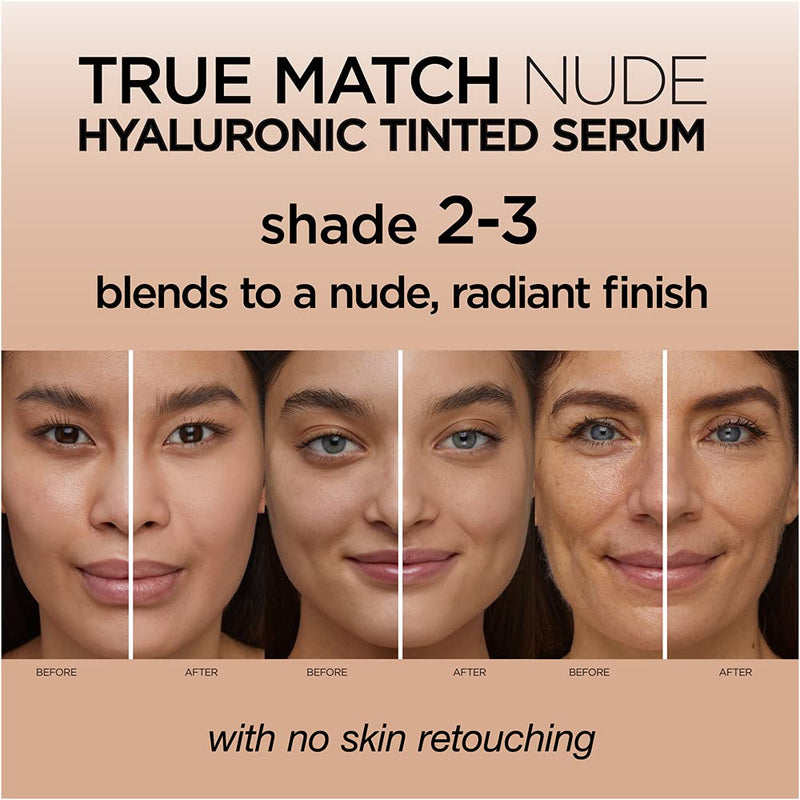 L'Oreal Paris True Match Nude Hyaluronic Tinted Serum The 1st Tinted serum with 1% Hyaluronic acid Instantly skin looks brighter, even and feels hydrated Makeup + Skincare, Light 2-3, 1 fl. oz. L'Oreal Paris