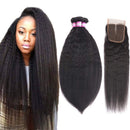 Odir 8A Brazilian Kinky Straight Human Hair 3 Bundles with Closure (24 26 28 + 20) Yaki Straight Bundles with Middle Part Closure Unprocessed Brazilian Virgin Human Hair Weave Natural Color Odir