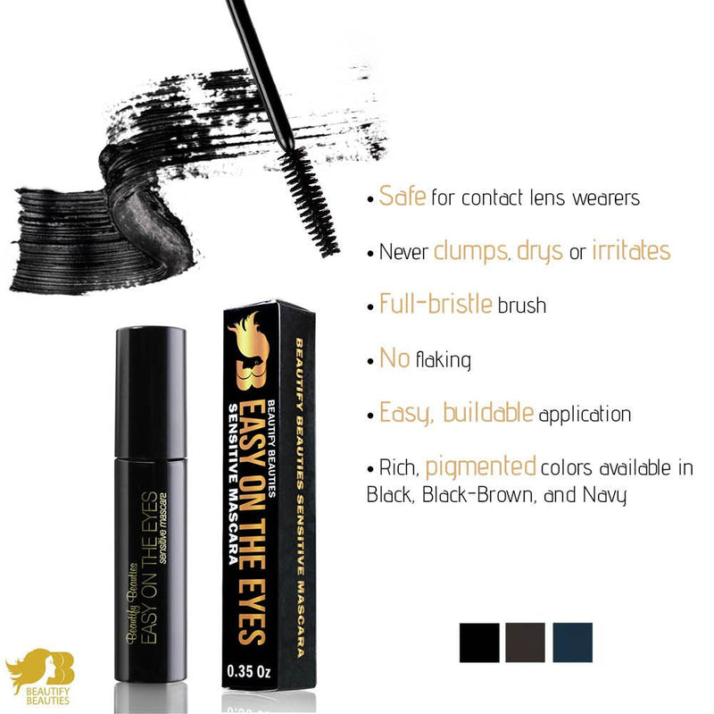 EASY ON THE EYES Sensitive Eye Mascara By Beautify Beauties - Hypoallergenic Mascara For Contact Lens Wearers – Non-irritating, Fragrance-free Mascara For Natural Looking Lashes- 0.35 oz (Navy) BeautifyBeauties