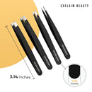 EXCLAIM BEAUTY Tweezers for Women & Men Pack of 4 Stainless Steel Tweezers Set, Precision Tweezers for Eyebrows Splinter Ingrown Hair Removal Tweezers Kit for Women with Leather Case – Matte Black Exclaim Beauty