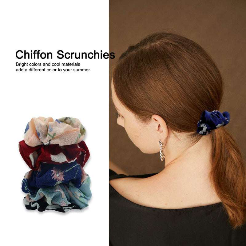 30 Pcs Chiffon Flower Hair Scrunchies and 50Pcs Black Elastic Hair Bands Soft Cotton Scrunchies Design Printed Flower Hair Ties for Women or Girls Hair Accessories with Gift Bag Yanwenx