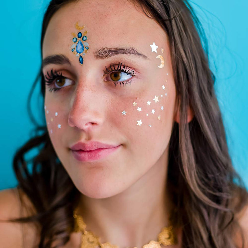 COSMIC GEMS VARIETY SET includes 25 assorted premium waterproof metallic gold & silver temporary foil party tattoos - face sparkle, face tattoo, stars, moon, festival tattoo, boho tattoo, celestial Flash Tattoos