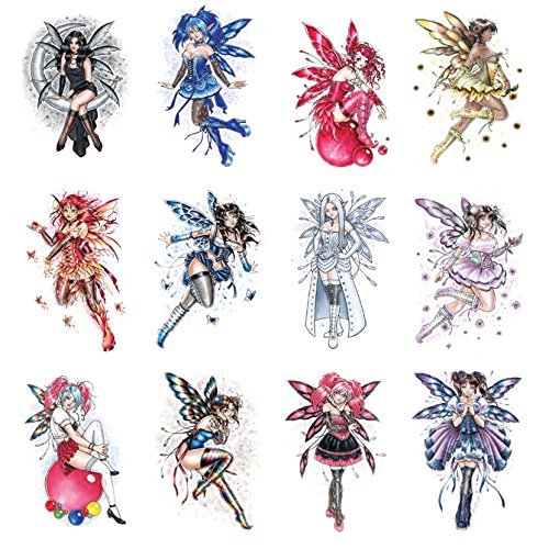 12 Sexy Glitter Fairy Tattoos Temporary. Twelve Colorful Pink Purple Blue Red White Girls Wings, Stocking, Black Boots Body Face Elf Pixie Nymph Dancing Spirit Moon Rainbow Flying Bubbles Butterflies F Tat