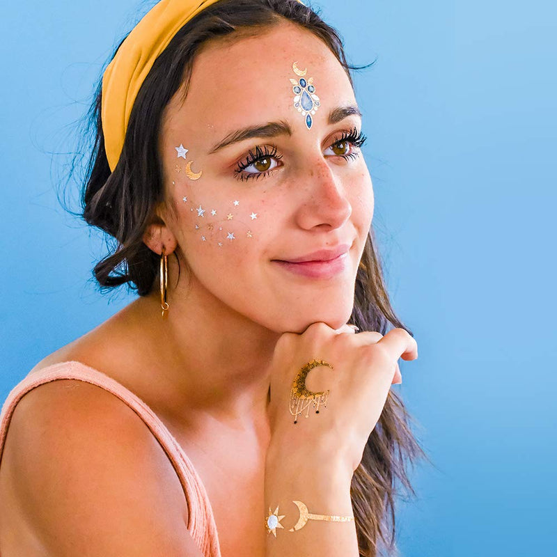 COSMIC GEMS VARIETY SET includes 25 assorted premium waterproof metallic gold & silver temporary foil party tattoos - face sparkle, face tattoo, stars, moon, festival tattoo, boho tattoo, celestial Flash Tattoos