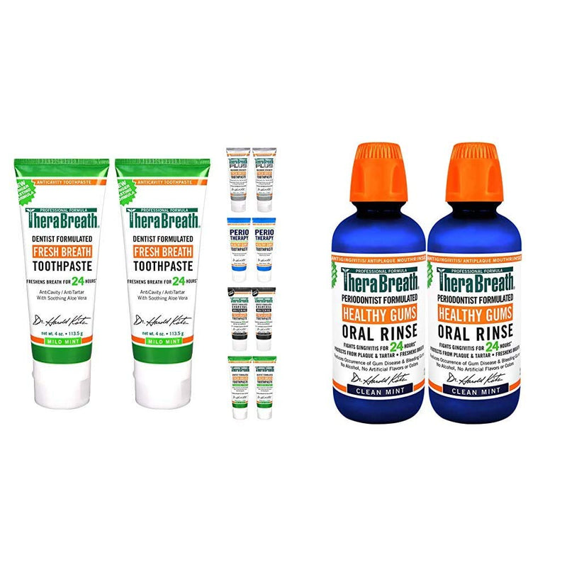TheraBreath 24-Hour Fresh Breath Toothpaste 4 oz (Pack of 2) and TheraBreath 24 Hour Healthy Gums Periodontist Formulated Oral Rinse, 16 Ounce (Pack of 2) TheraBreath