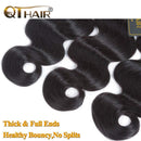 QTHAIR 12A Body Wave Human Hair Bundles with Closure (10 10 +10) 8A Brazilian Virgin Hair 2 Bundles with Closure Natural Black Color QTHAIR