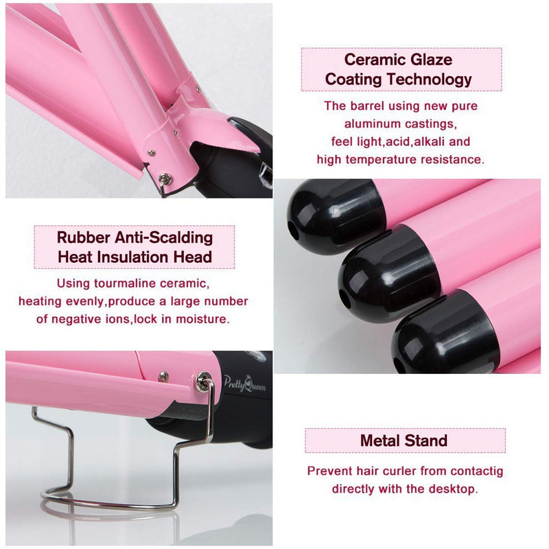 3 Barrel Curling Iron Wand Dual Voltage Hair Crimper with LCD Temp Display - 1 Inch Ceramic Tourmaline Triple Barrels, Temperature Adjustable Portable Hair Waver Heats Up Quickly (Pink) Aleath