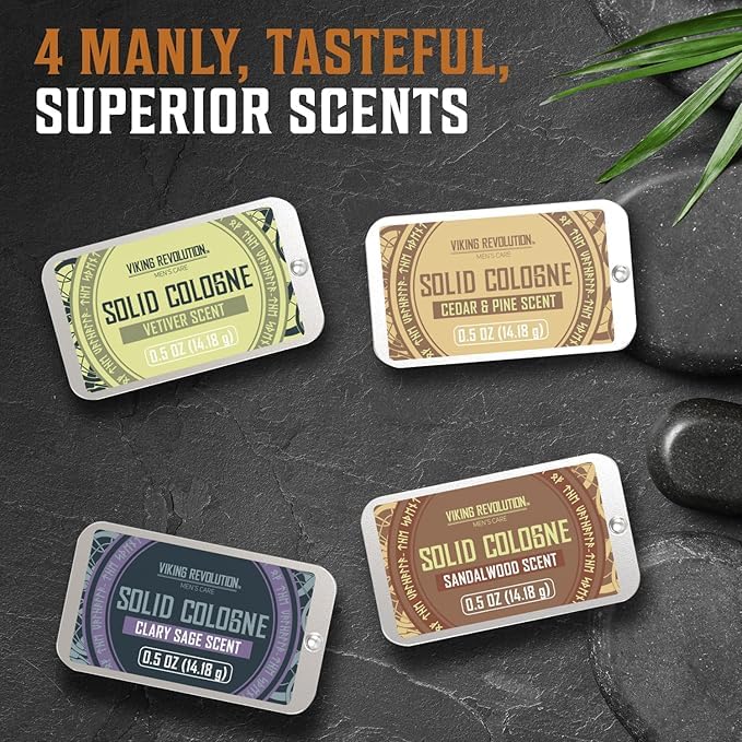 Viking Revolution 4 Pack Mens Solid Colognes Men 0.5 Oz - Men Solid Perfume with Cedar Wood, Clary Sage, Vetiver, Sandalwood Cologne for Men - Balm Cologne for Mens Cologne Balm Travel Cologne Wax Infinity Warehouse