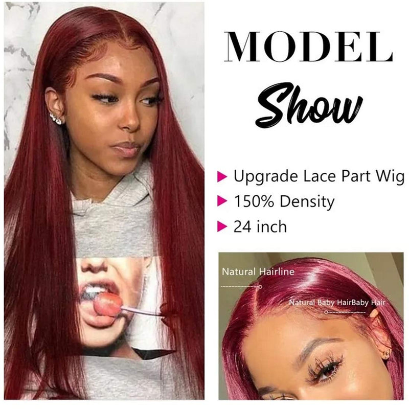 Beauty Forever Hand Tied T Part Lace Wig Human Hair Lace Part Wigs Long Straight Hair 24inch 99J Color Middle Part 150% Density For Black Women Beauty Forever Store