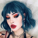 ROSEBUD Wavy Bob Wig with Bangs Natural Blue Wig Synthetic Hair Shoulder Length Short Curly Wigs for Women Rose bud