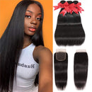 10A Brazilian Straight Bundles with Closure (22 24 26+20) 100% Human Hair Bundles with Closure Unprocessed Virgin Straight Hair Weave 3 Bundles with Lace Closure Free Part YOCYTU