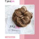 JuvaBun Messy Bun Hair Scrunchie – Hair Extensions for Women & Men Create Full Updos for Events, Everyday Wear – Washable, Realistic, Synthetic Juva Hair Bun Maker & Resealable Bag, Light Brown JuvaBun