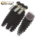 QTHAIR 12A Brazilian Deep Wave Bundles with Closure (10 10+10) Brazilian Virgin Human Hair Bundles with Closure Wet and Wavy Curly Hair 2 Bundles with Lace Closure Free Part QTHAIR
