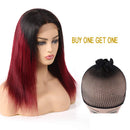 Ombre Lace Closure Wigs 4x4 Lace Front Wig, Straight Human Hair Wigs with Baby Hair, Drak Red Pre Plucked Glueless Brazilian Hair Lace Wigs (16", 1B/99J, Straight, 150% Density) ALISFEEL
