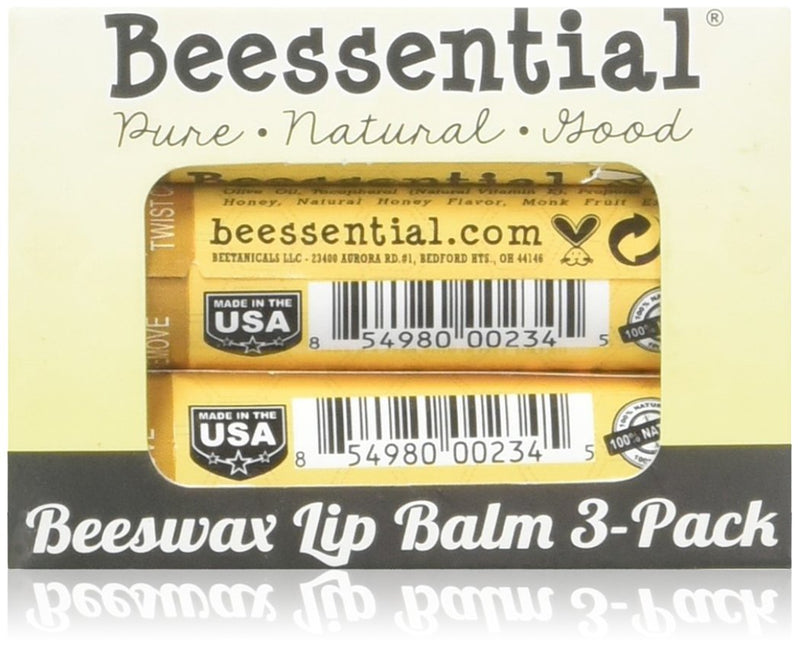 Beessential All Natural Lip Balm, Honey, 3 Pack | For Dry and Chapped Lips, Great For Men, Women, and Children, Moisturizing Beeswax, Coconut, Shea and Cupuacu Butter Beessential