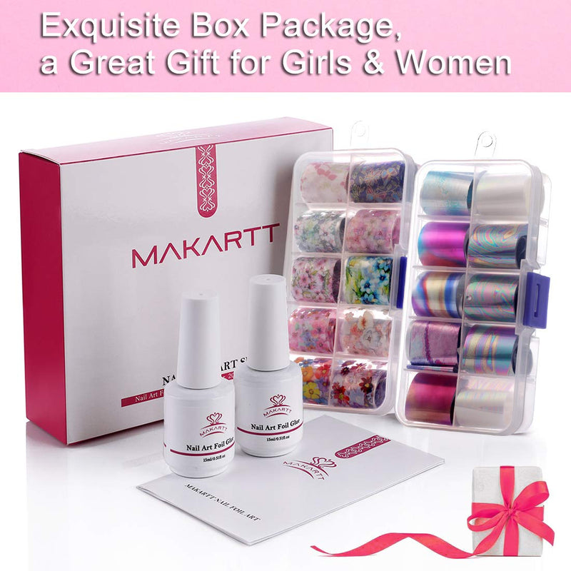 Makartt Nail Foil Nail Art Foil Glue Gel with Rose Flowers Metal Foil Stickers Set Nail Prints Transfer Tips Foil Kit Nail Art Accessories Manicure DIY 15ML 20PCS (2.5cm100cm) Nail Lamp Required Makartt