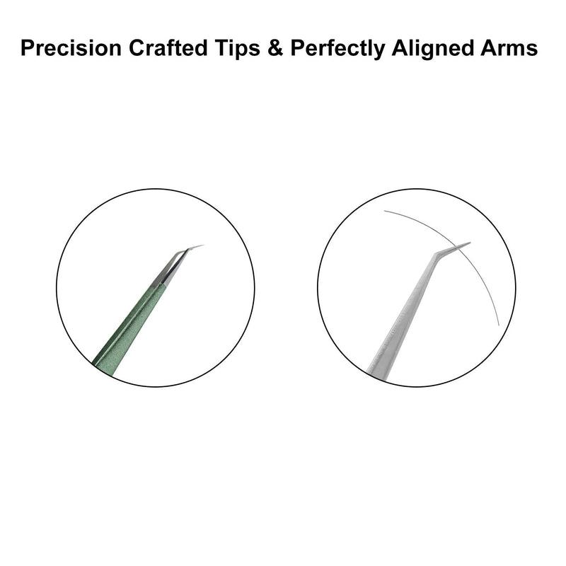 Tweezers for Eyelash Extension - Long 45° Angular Tip Tweezers - Hand Crafted Surgical Stainless Steel Precision Tweezers (Metallic light Green Powder Coated) metaleks