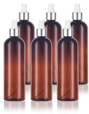 12 oz Amber Slim Tall Boston Round Plastic PET Bottle (BPA Free) with Silver Fine Mist Spray (6 pack) JUVITUS