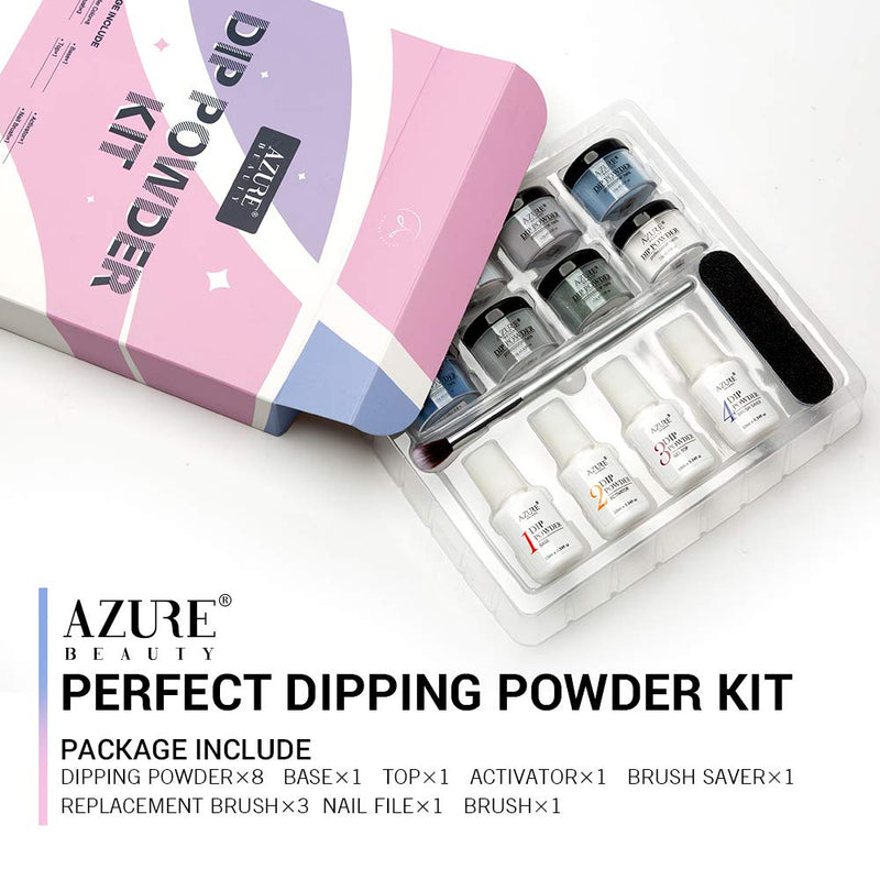 Dip Powder Nail Kit Starter, AZUREBEAUTY Blue Black 8 Colors Acrylic Dipping Powder System Essential Liquid Set with Top/Base Coat Activator Brush Saver for French Nail Art Manicure Beginner DIY Salon AZUREBEAUTY