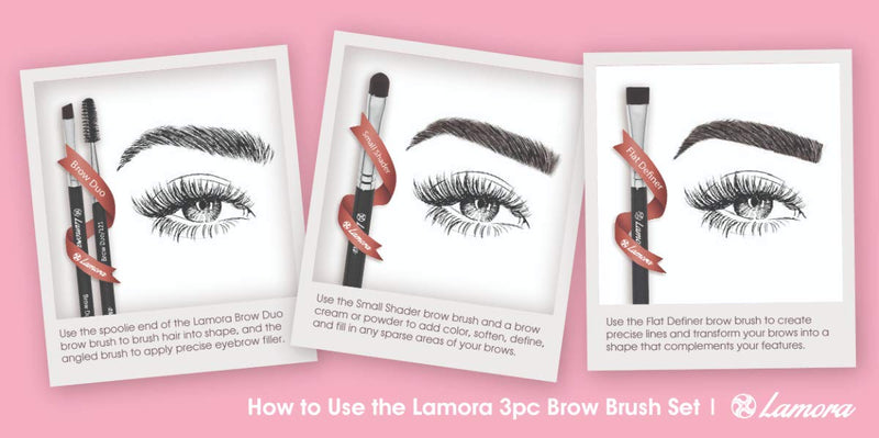 Eyebrow Brush - Duo Eye Brow Spoolie - Angled Eyeshadow Eyeliner - Precision Flat Definer - Small Shader - Premium Quality 3 Piece Set - Cruelty Free Synthetic Bristles - Apply Gel Powder Wax Pomade Lamora