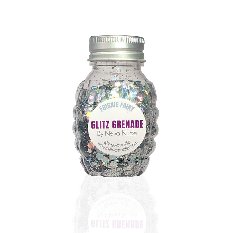 Neva Nude Face and Body Glitter Keychain - Chunky Loose Glitter for Festivals, Raves, and More | Cosmetic Grade | Super Sparkly (Friskie Fairy Silver Holographic Glitz Grenade) Neva Nude
