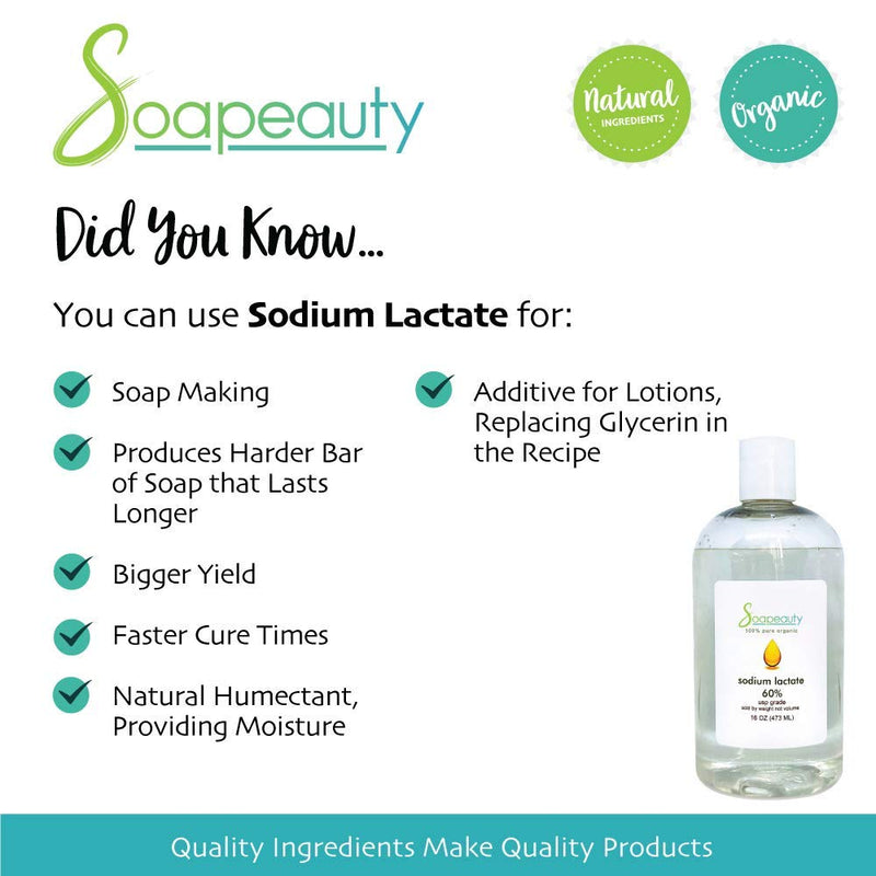 SODIUM LACTATE for Soap Making & Lotions | Organic 60% USP Pure Natural Preservative | Harder Bar of Soap, Bigger Yield, Faster Cure Time, Provides Moisture | Sizes 2 OZ to 1 GALLON | 32 OZ Soapeauty