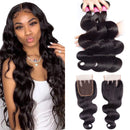 Brazilian Body Wave Bundles with Closure Brazilian Unprocessed Virgin Hair 3 Bundles with 4x4 3 Part Lace Closure (14 16 18+12) 10A Ocean Wave Human Hair Bundles with Closure B-fashion Store