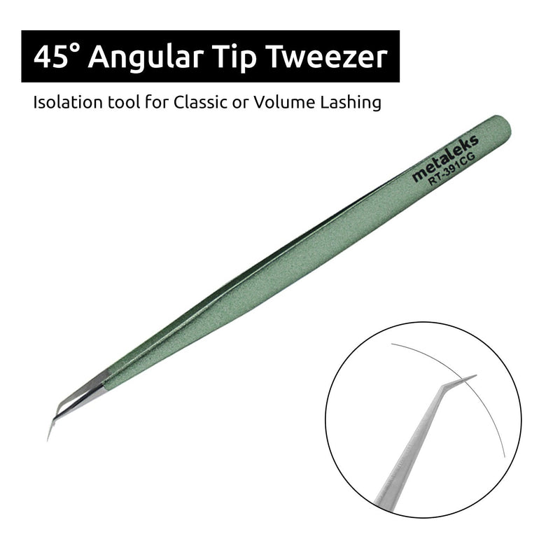 Tweezers for Eyelash Extension - Long 45° Angular Tip Tweezers - Hand Crafted Surgical Stainless Steel Precision Tweezers (Metallic light Green Powder Coated) metaleks