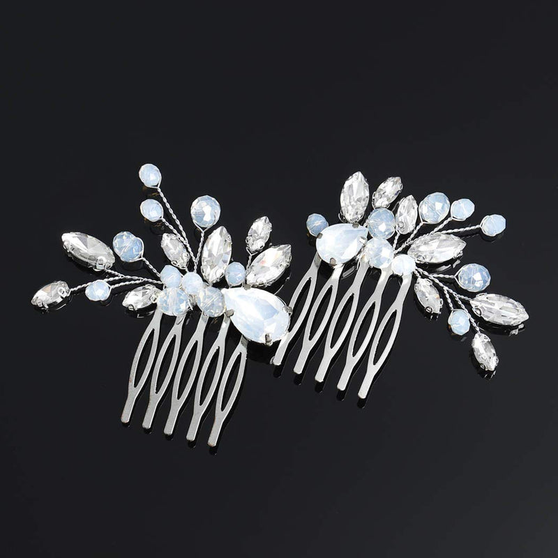 Yean Rhinestone Bride Bridal Hair Comb Opal Crystal Wedding Hair Piece Hair Accessories for Women and Girls (2 Pcs) (Silver) Yean
