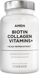 Amen Biotin Collagen Vitamins+ 10,000 mcg Biotin Supplement - Hydrolyzed Collagen, Vitamins C & E, Folate, Hyaluronic Acid, Keratin, MSM, Saw Palmetto - 3-Month Supply - Non-GMO - 90 Capsules Infinity Warehouse