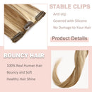 Hairro 100% Human Hair Clip in Extensions Thin 16 Inch Long Straight Highlight Golden Brown Mix Bleach Blonde Human Hair Clip on Hairpieces 65g Machine Weft 8pcs 18 Clips for Women 2 Tones