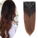 16 Inch Clip in Hair Extensions 100% Human Hair 65g Thin Standard Weft 8 Pcs 18 Clips Ombre Human Hair Clip on Hairpieces Soft Long Straight Hair for Women 2 Tones