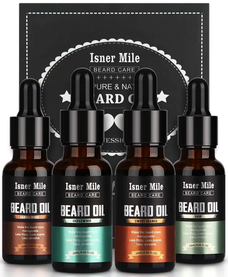 4 Pack Beard Oil Set Leave in Conditioner, Cedarwood, Sandalwood, Sage, Sweet Orange for Men Mustaches Growth, Soften, Moisturizing, Strength, Stocking Stuffers Gifts for Him Man Dad Father Boyfriend ISNER MILE